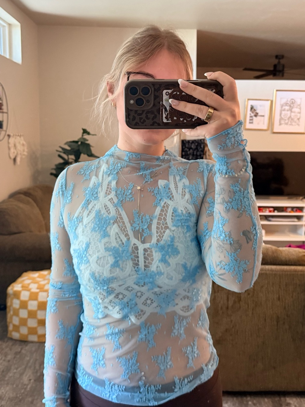 Free People Sheer Lace Embroidered Long-Sleeve Top - Light Blue